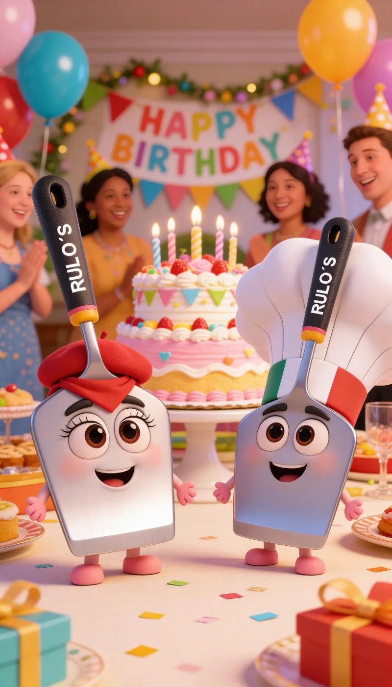 Pícaro y la Pícara frente a un pastel de cumpleaños con invitados aplaudiendo