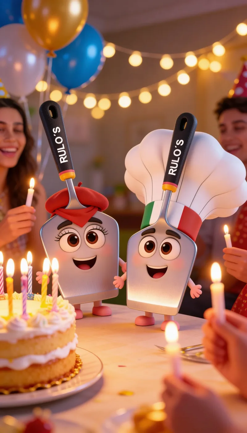 Pícaro y la Pícara junto al pastel con velas en una fiesta de noche
